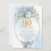 Elegant Boho Blue Floral 90th Birthday Invitation (Devant)