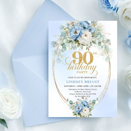 Elegant Boho Blue Floral 90th Birthday Invitation Kaart