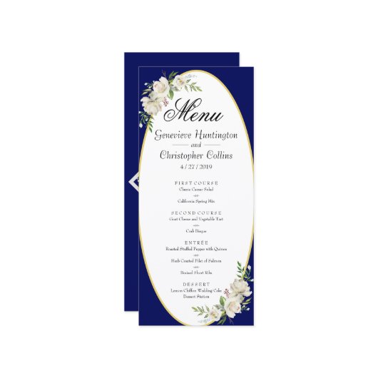 Elegant Boho Blue Floral Wedding Reception Menu (Voorkant / Achterkant in situ)