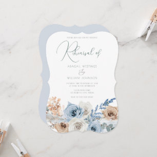 Elegant Boho Blue Floral Wedding Rehearsal Dinner Kaart