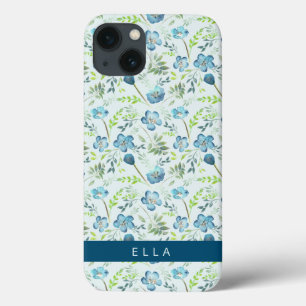 Elegant Boho Blue Green Waterverf Flowers Name Ca iPhone 13 Hoesje