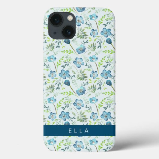 Elegant Boho Blue Green Waterverf Flowers Name Ca Case-Mate iPhone Case (Achterkant)