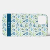 Elegant Boho Blue Green Waterverf Flowers Name Ca Case-Mate iPhone Case (Achterkant (horizontaal))