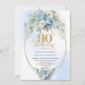Elegant Boho Blue Peonies 90th Birthday Invitation (Devant)