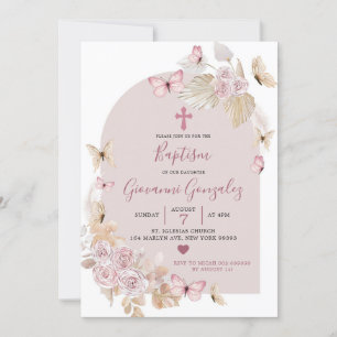 Élégant Boho Blush Butterfly Baptism Invitation