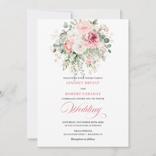 Elegant Boho Blush Floral Wedding Invite Kaart (Voorkant)