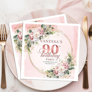 Elegant Boho Blush Pink Floral 90th Birthday Party Servet