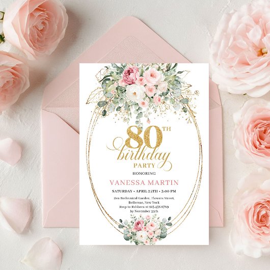 Elegant Boho Blush Roses 80th Birthday Invitation 