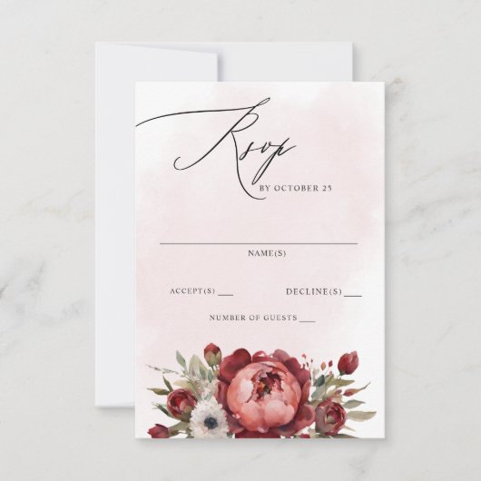 Elegant Boho Bourgondië Blush Bloemen Bruiloft RSVP Kaartje (Voorkant)