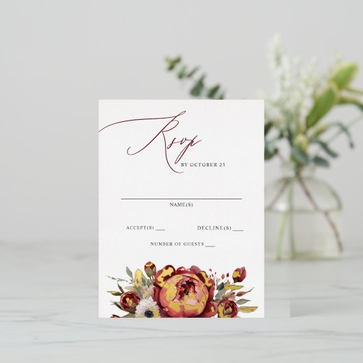 Elegant Boho Bourgondië Blush Bloemen RSVP Folie Uitnodiging Briefkaart (Staand Voorkant)