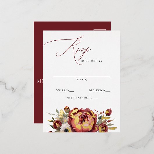Elegant Boho Bourgondië Blush Bloemen RSVP Folie Uitnodiging Briefkaart (Voorkant / Achterkant)