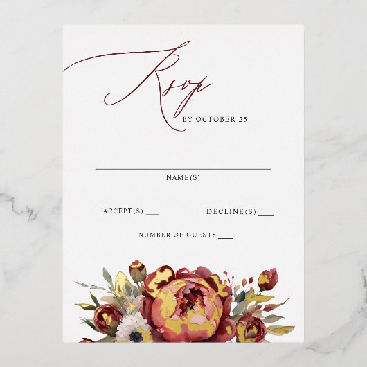 Elegant Boho Bourgondië Blush Bloemen RSVP Folie Uitnodiging Briefkaart (Voorkant)