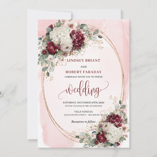 Elégant Boho Burgundy Blush Faire-part de mariage (Devant)