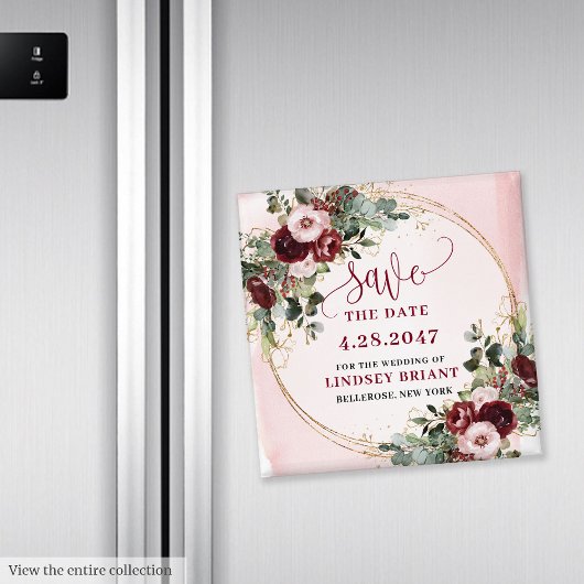 Elegant Boho Burgundy Blush Gold Floral Magnet