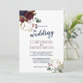Elegant Boho Burgundy en Navy Blue Floral Wedding Kaart (Staand voorkant)