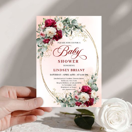 Elegant Boho Burgundy Gold Baby Shower Invitation