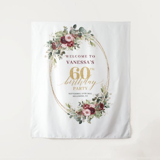 Elegant Boho Burgundy Gold Floral 60th Birthday Wandkleed (Voorkant)