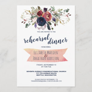 Elegant Boho Burgundy Navy Floral Rehearsal Dinner Kaart