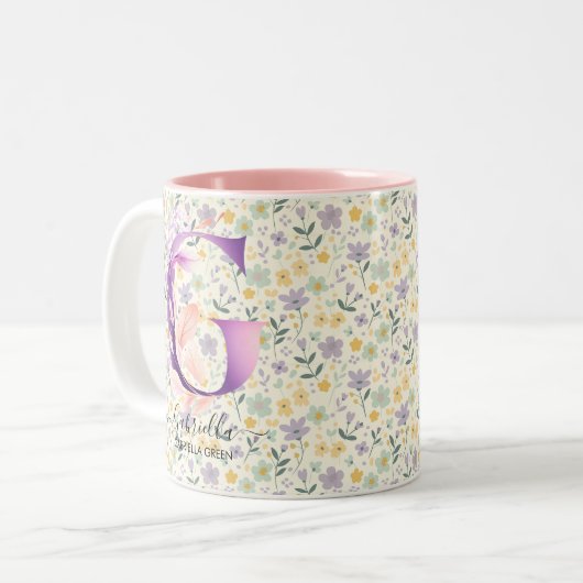 Elégant Boho Chic Floral Monogram Mug - G (Devant gauche)