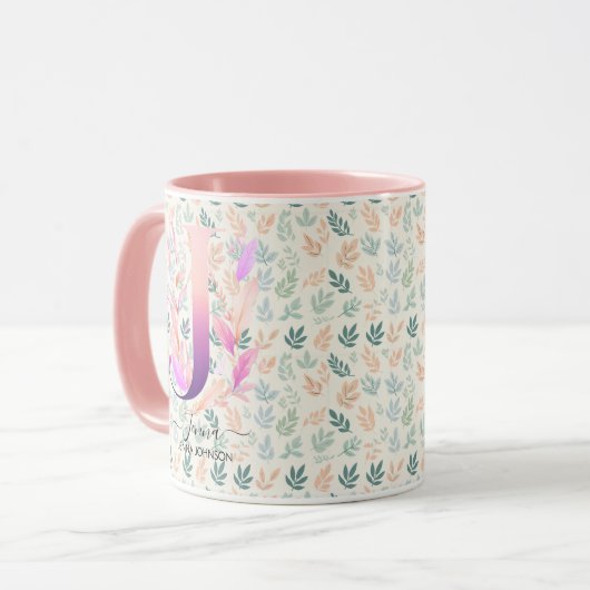 Elégant Boho Chic Floral Monogram Mug - J (Devant gauche)