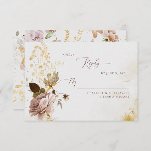 Elégant boho chute feuille d'or mariage RSVP carte (Devant / Derrière)