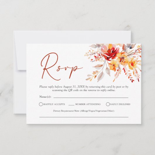 Elegant Boho Fall Floral QR Code Mariage Carte RSV (Devant)