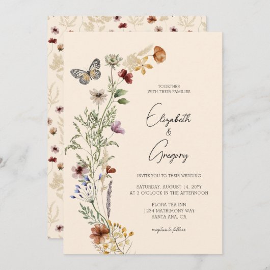 Elegant Boho Fleur sauvage Faire-part de mariage (Devant / Derrière)