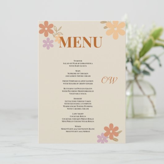 Elegant Boho Floral Mariage Menu Invitation (Debout devant)