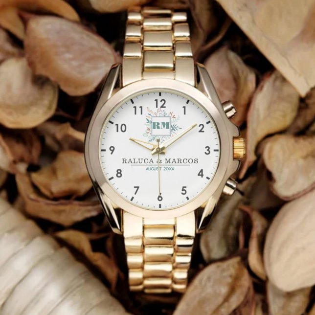 Elegant Boho Floral Monogram Couple’s Name  Horloge (Creator heeft geüpload)