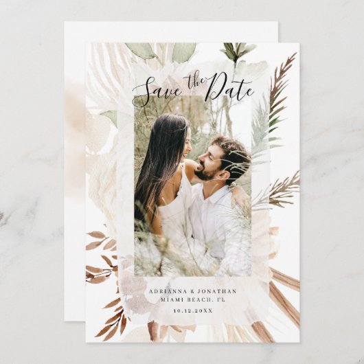 Elegant Boho Floral Pampas Foto Save The Date (Voorkant / Achterkant)