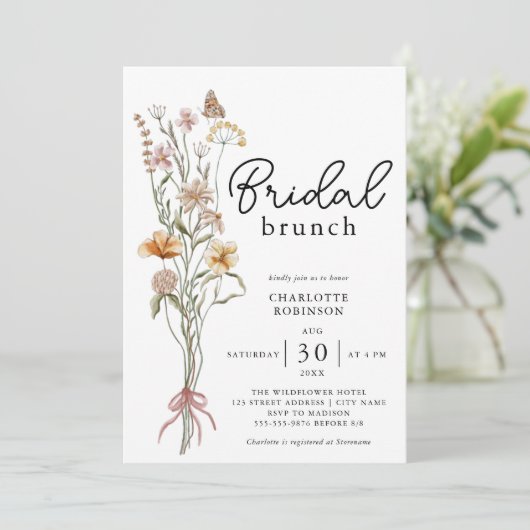 Elegant Boho Floral Wildflower Bridal Brunch Kaart (Staand voorkant)