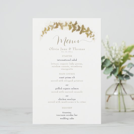 Elegant Boho Gold Butterflies Classy Menu Mariage (Debout devant)