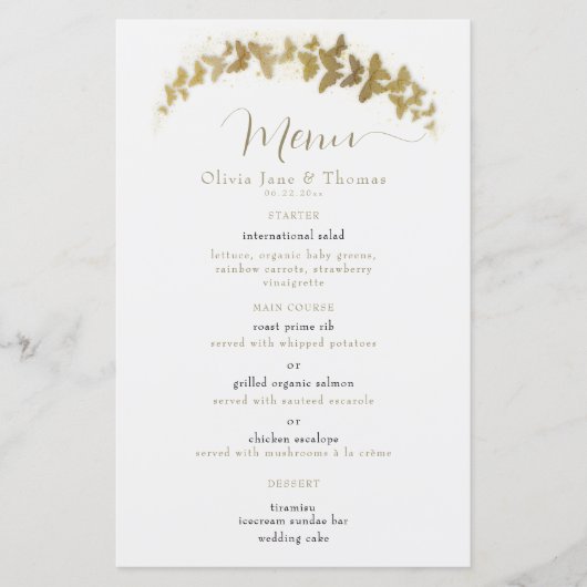 Elegant Boho Gold Butterflies Classy Menu Mariage (Devant)