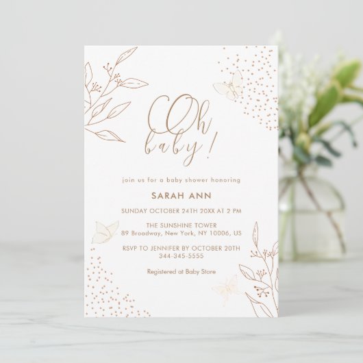 Elegant Boho Gold Leaves Vlinder Baby shower Kaart (Staand voorkant)
