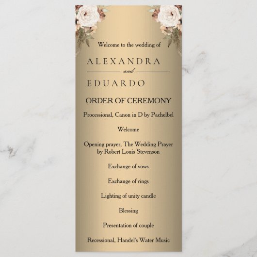 Elégant Boho Golden Floral Wedding Programme de ma (Devant)