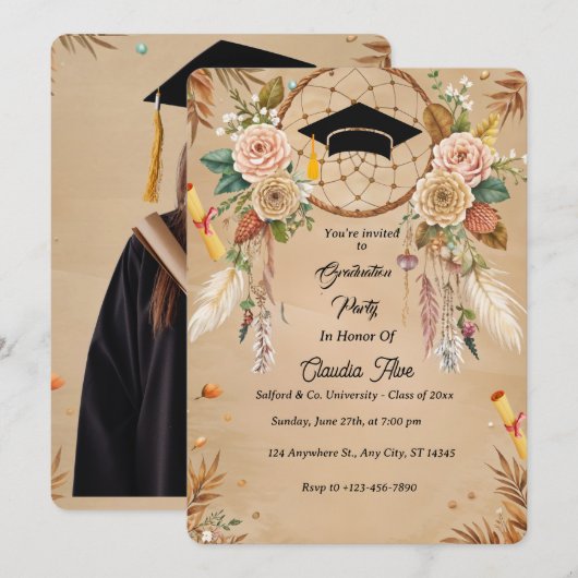 Elegant Boho Graduation Carte d'invitation (Devant / Derrière)