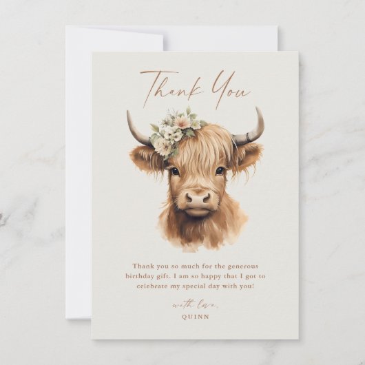 Elegant Boho Highland Koe Kinderen Verjaardag Bedankkaart (Voorkant)