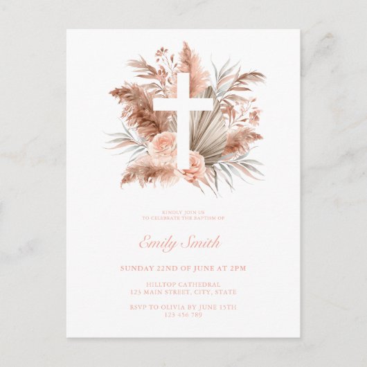 Elegant Boho Meisje Bloemen Doop Uitnodiging Briefkaart (Voorkant)