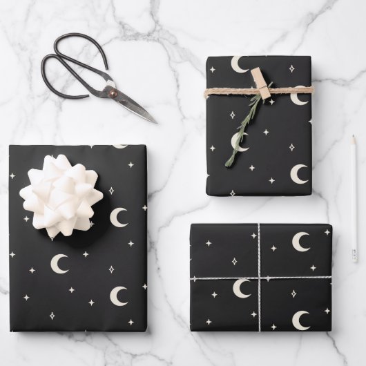 Elegant Boho Mystical Moon Stars Black en White Inpakpapier Vel (Voorkant)
