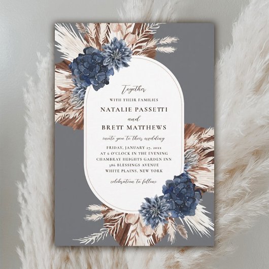 Elegant Boho Navy and Brown Florals Oval Wedding Kaart