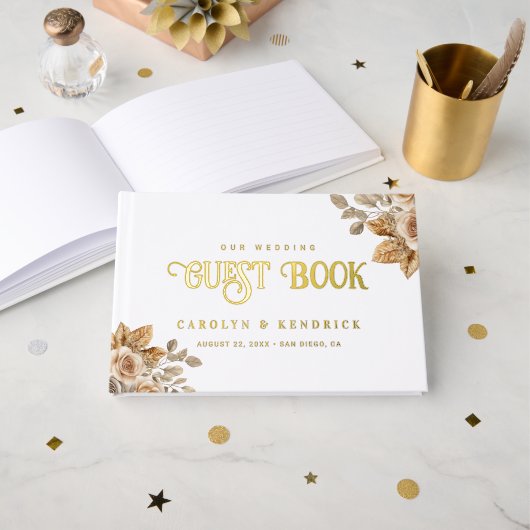 Elégant Boho Neutre Flore Accents Mariage Or (Recto ouvert)