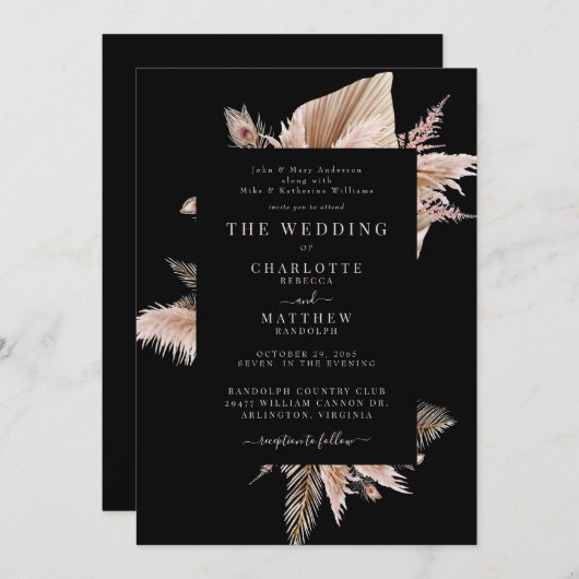 Elégant Boho Pampas Faire-part de mariage noir (Devant / Derrière)