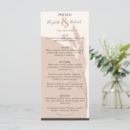 Elegant Boho Pampas Grass Modern Wedding Menu (Staand voorkant)