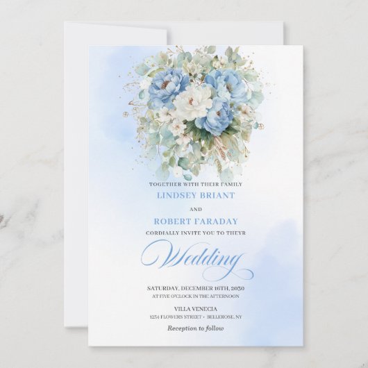 Elegant Boho Pastel Blue White Peony Gold Wedding Kaart (Voorkant)