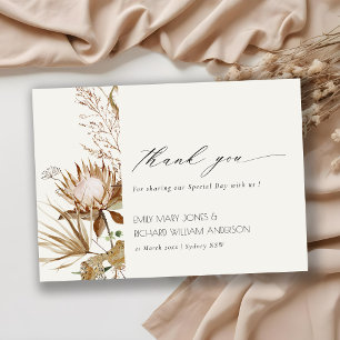 Elegant Boho Protea Gedroogde Palm Floral Wedding Bedankkaart