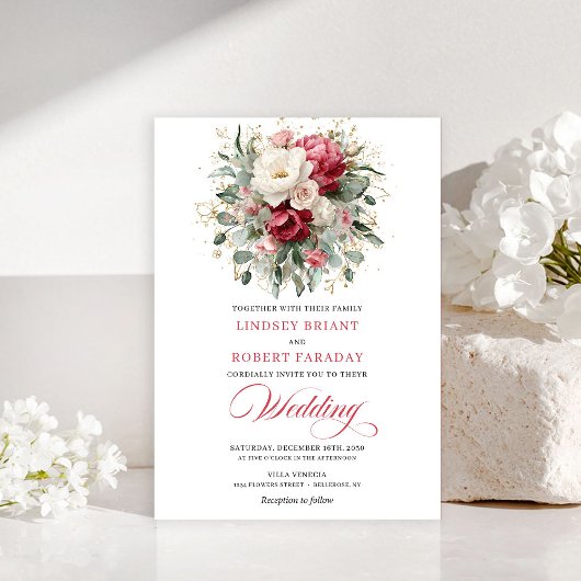 Elegant Boho Red White Greenery Wedding Invitation