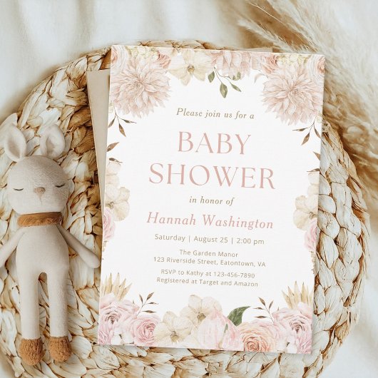 Elégant Boho rose Floral Baby shower Invitation