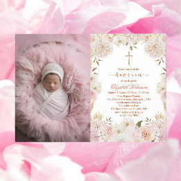 Élégant Boho rose floral Baptême Photo Invitation