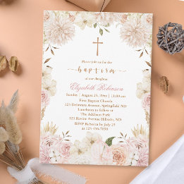 Élégant Boho rose Floral Baptism Invitation
