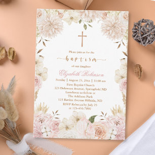 Élégant Boho rose Floral Baptism Invitation